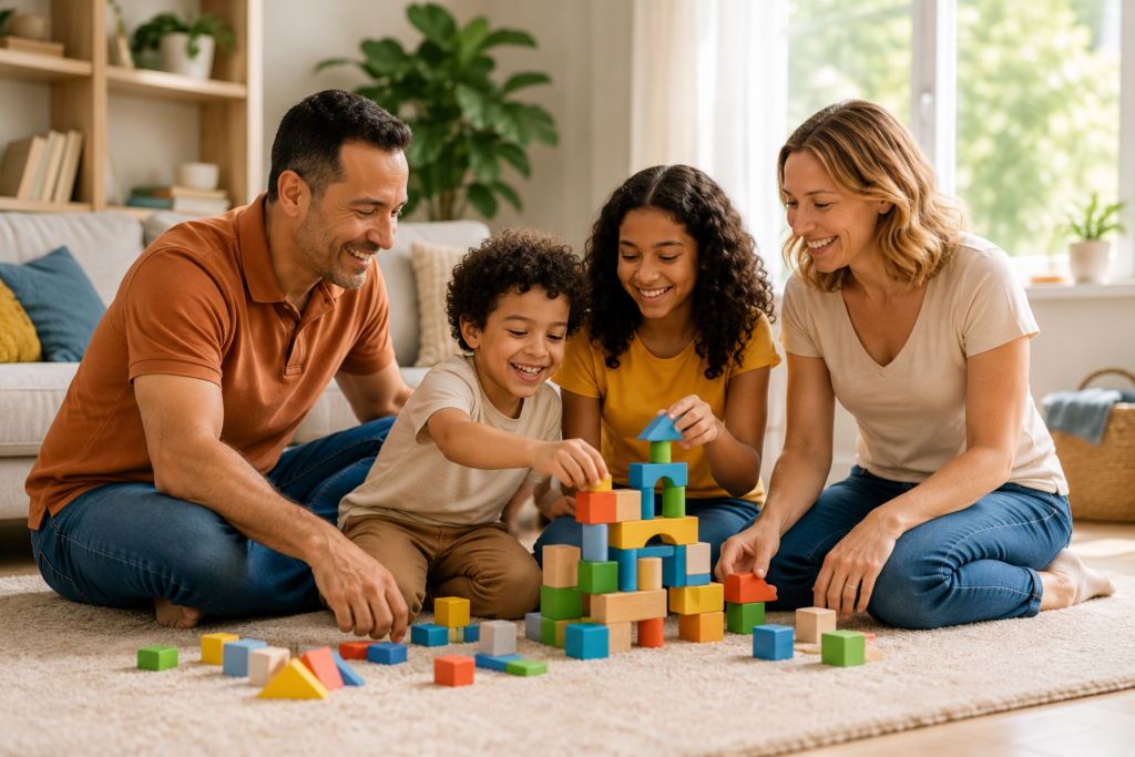 Família reunida brincando e construindo memórias