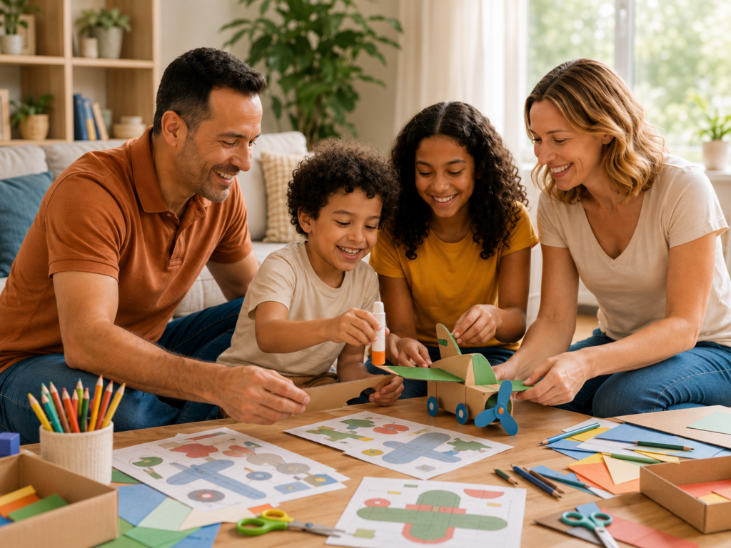 Família criando um brinquedo artesanal com papelão, moldes e materiais coloridos.