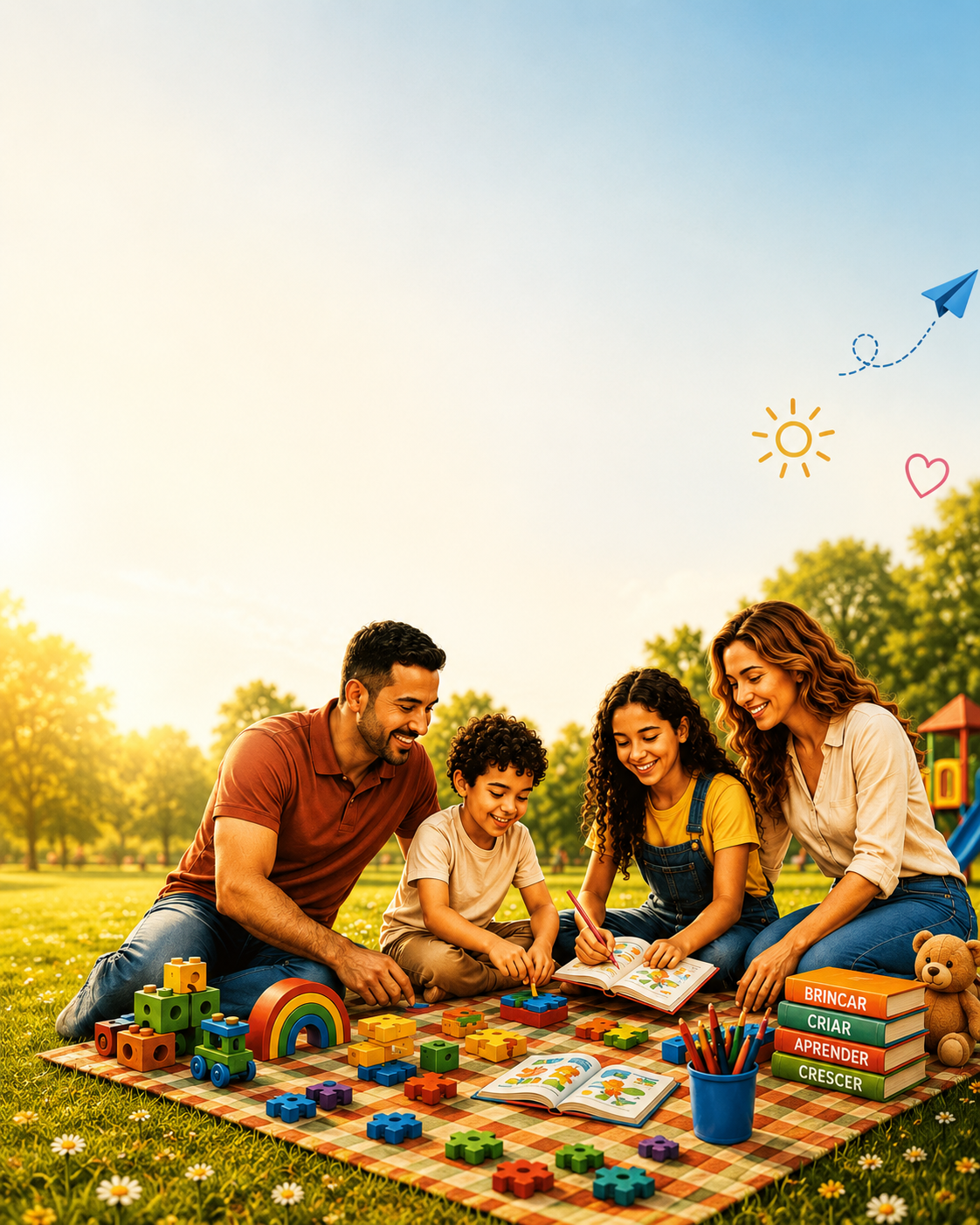 Família brincando ao ar livre com livros, blocos de montar e brinquedos educativos