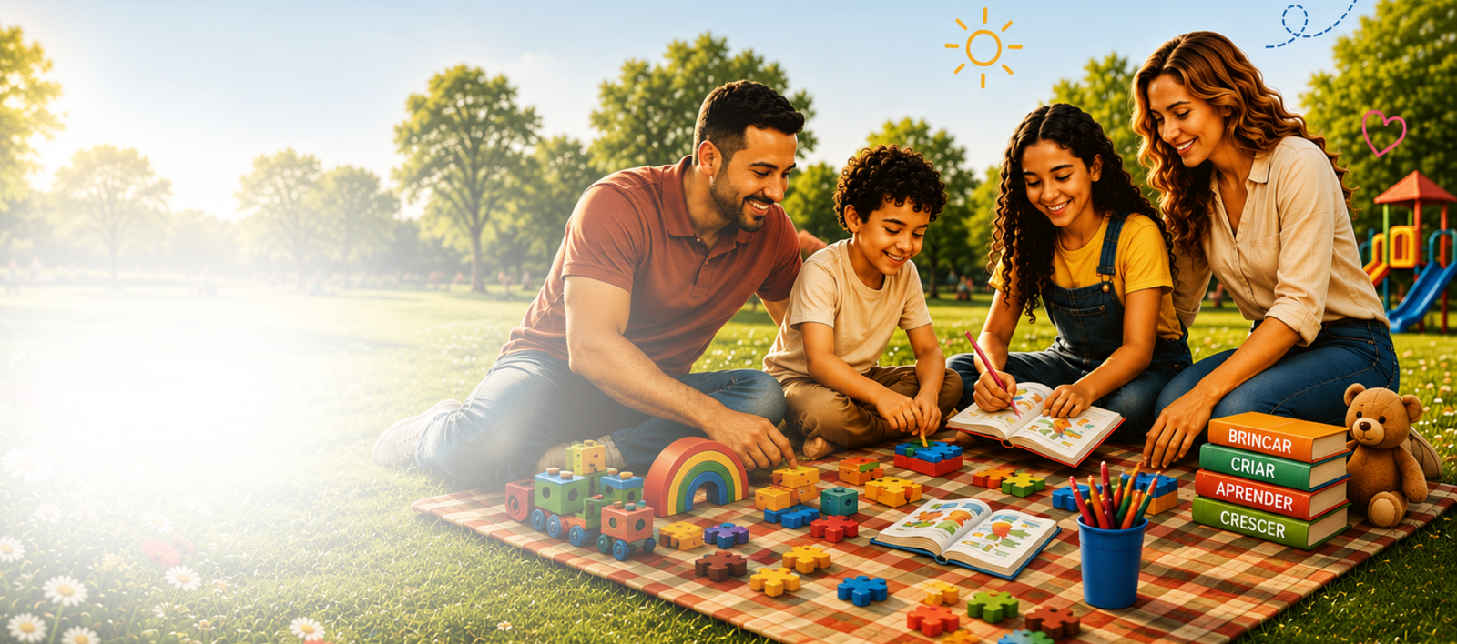 Família brincando ao ar livre com livros, blocos de montar e brinquedos educativos